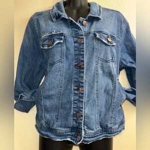 A New Day Hello Sunshine Embroidered Denim Jacket Raw Hem Blue Size L